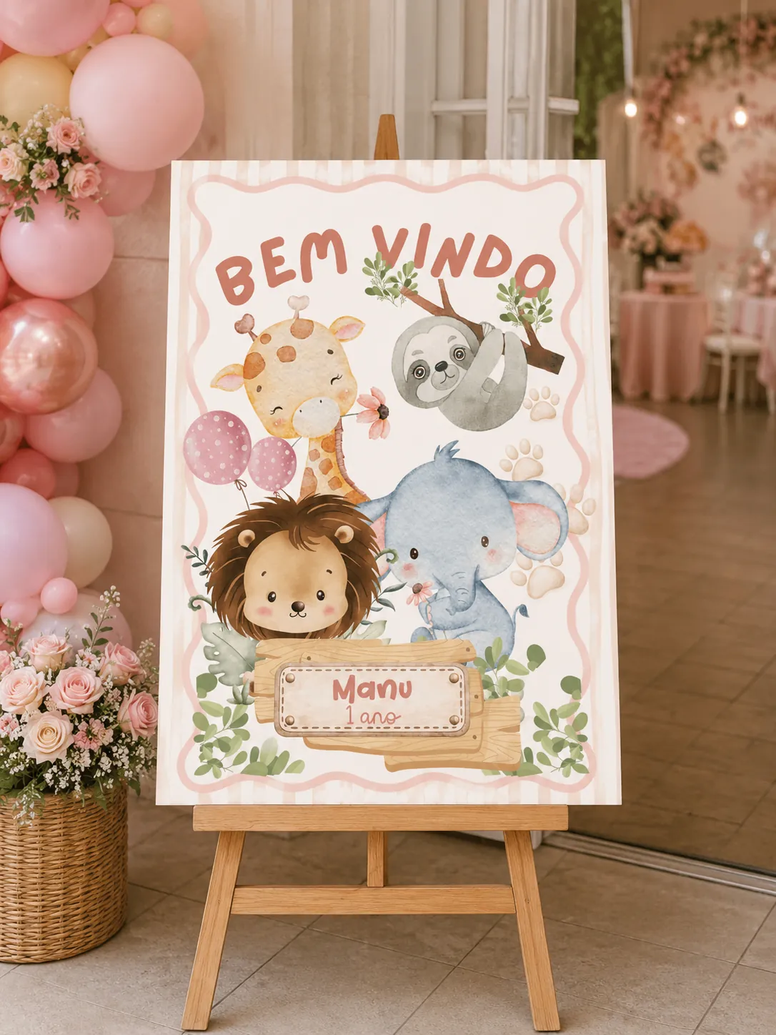 Placa de bem-vindo em cavalete tema Safari
