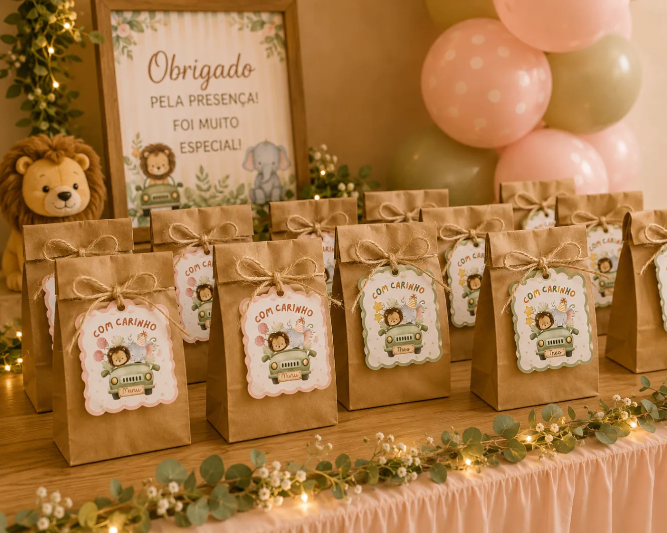 Sacolinhas kraft de lembrancinha com tags de animais
